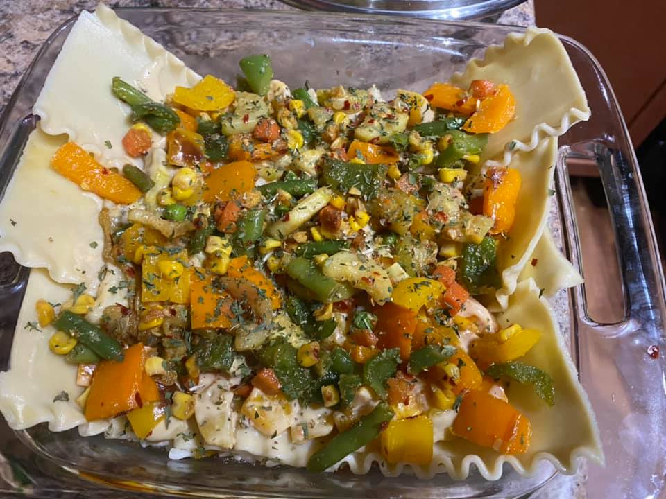 Lasagna with Bellpeppers, Corn, Pineapples, and Herbs.